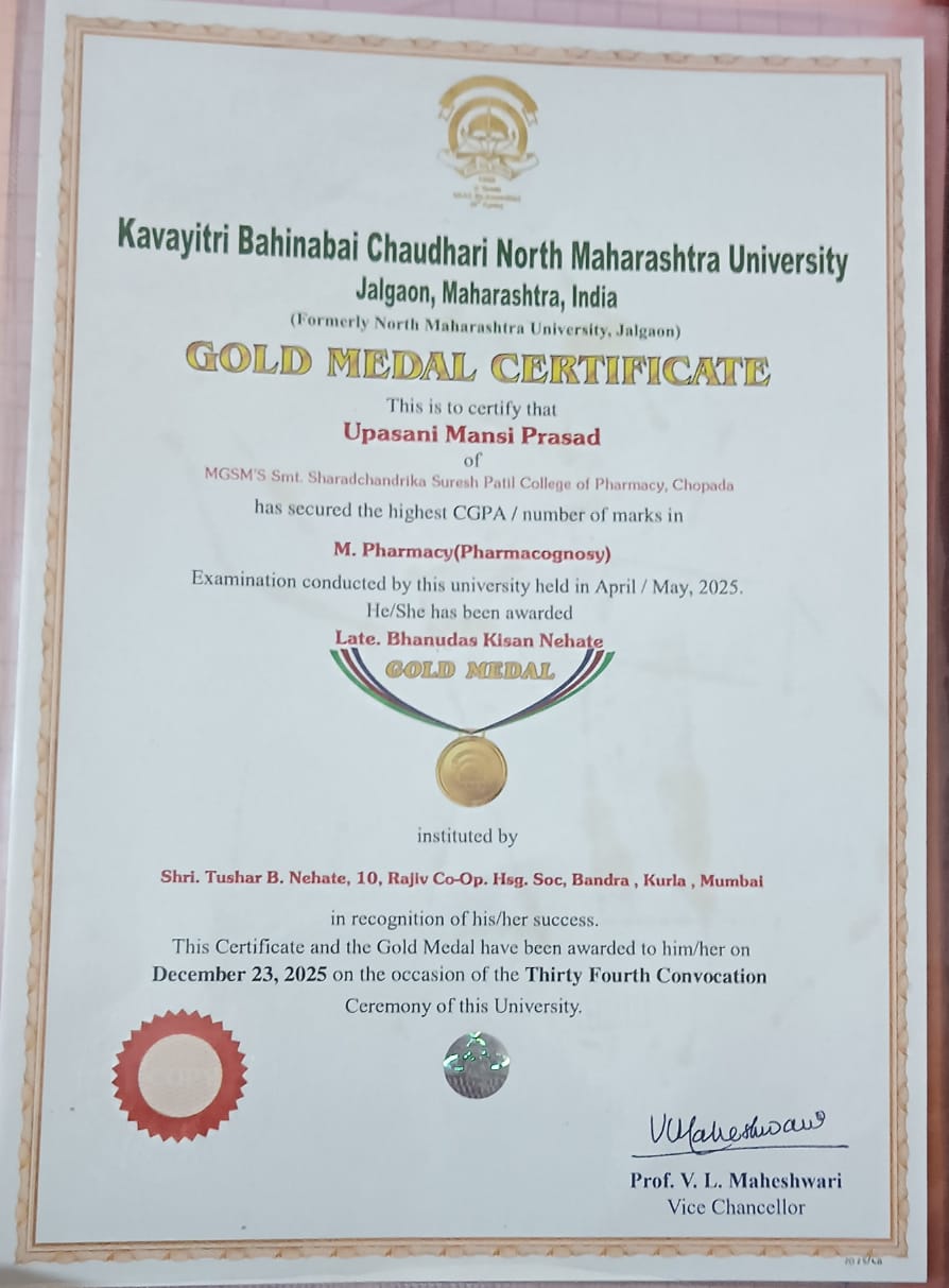 ???? Proud Achievement | Gold Medal ????  Heartiest congratulations to Ms. Upasani Mansi Prasad, a student of M. Pharmacy (Pharmacognosy) under the mentorship of Dr. Md. Rageeb Md. Usman, from MGSM’S 